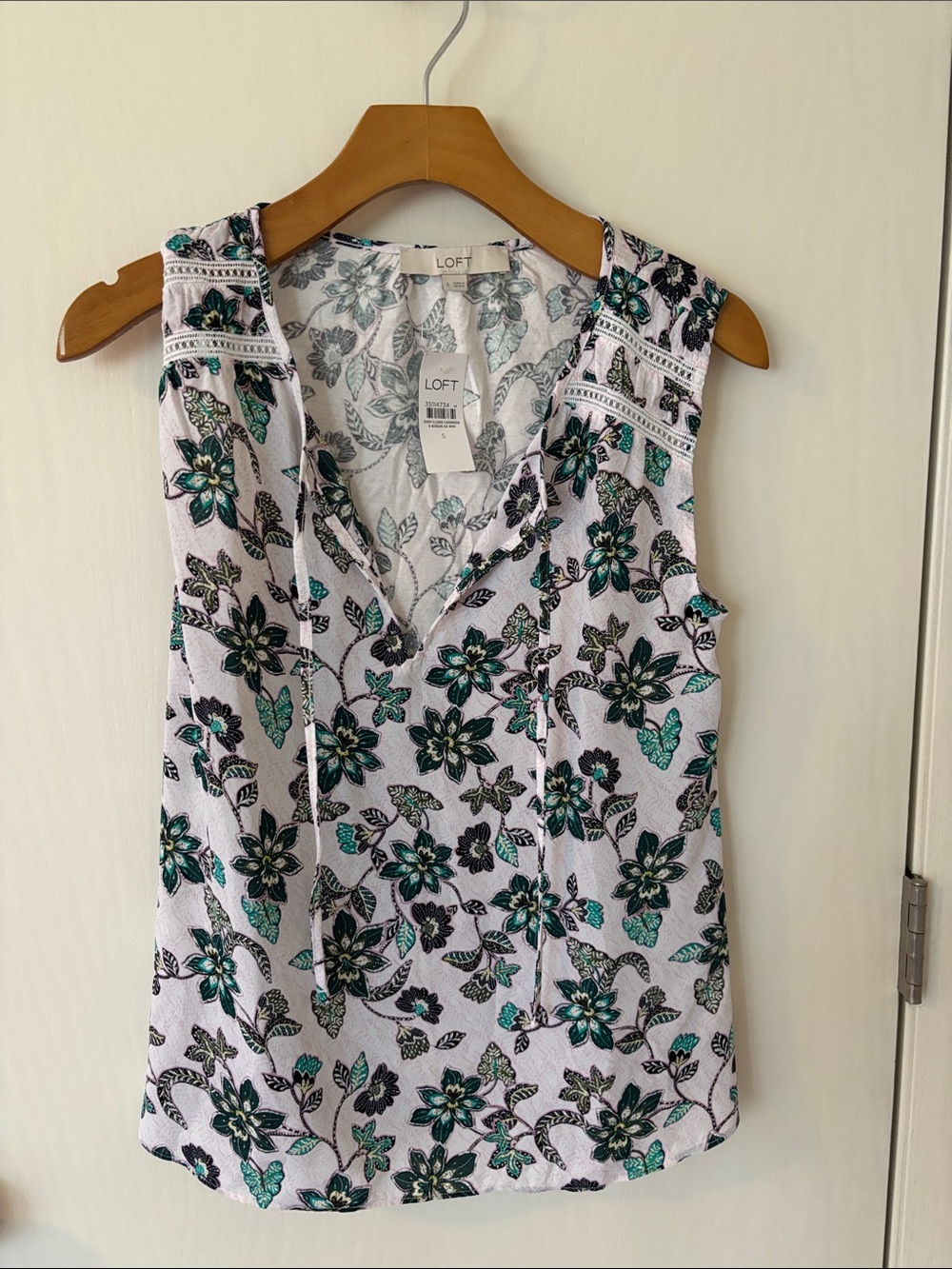 LOFT White Sleeveless Floral V-Neck Tank with Teal & Black Print
